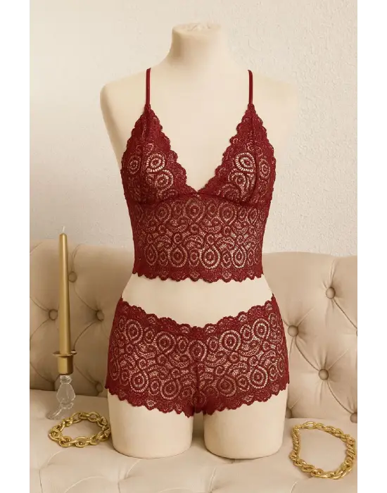 ieg™ Kadın Bordo Dantel Bralet Şort Takımı – Asil ve Sofistike İç Giyim