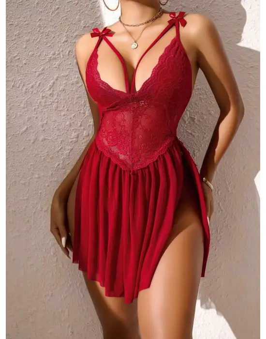 ieg™ Kadın Bordo Dantelli Transparan Fantezi Gecelik 2284