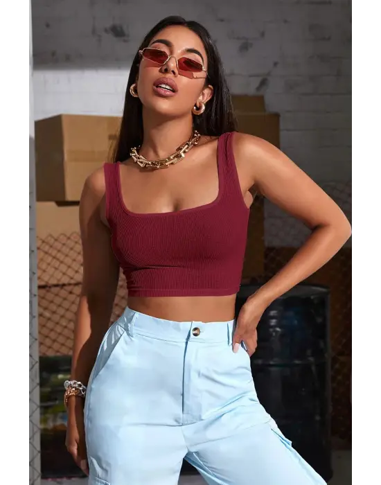 ieg™ Kadın Bordo Kalın Askılı Crop Top Büstiyer