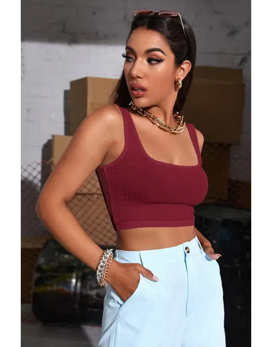 ieg™ Kadın Bordo Kalın Askılı Crop Top Büstiyer