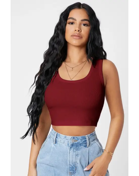 ieg™ Kadın Bordo Kare Yaka Crop Top Bluz