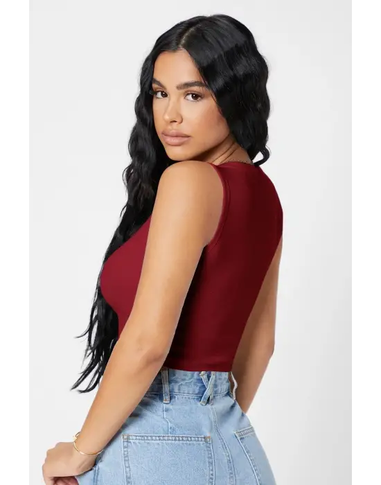 ieg™ Kadın Bordo Kare Yaka Crop Top Bluz