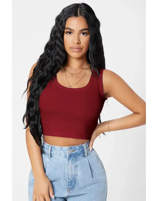 ieg™ Kadın Bordo Kare Yaka Crop Top Bluz