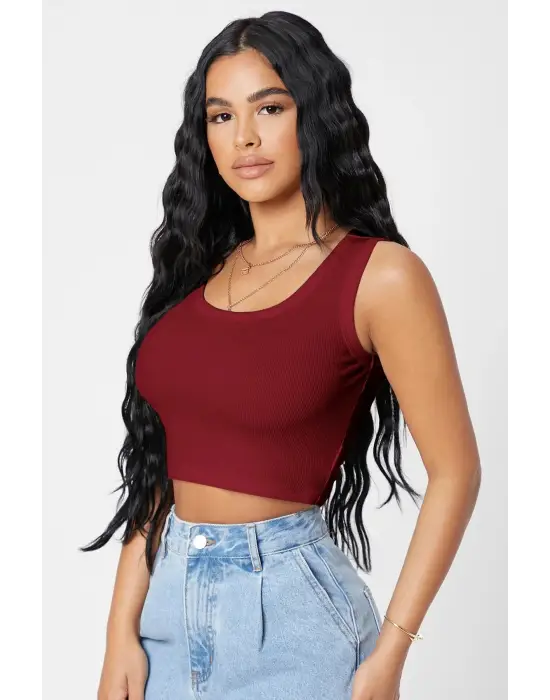 ieg™ Kadın Bordo Kare Yaka Crop Top Bluz