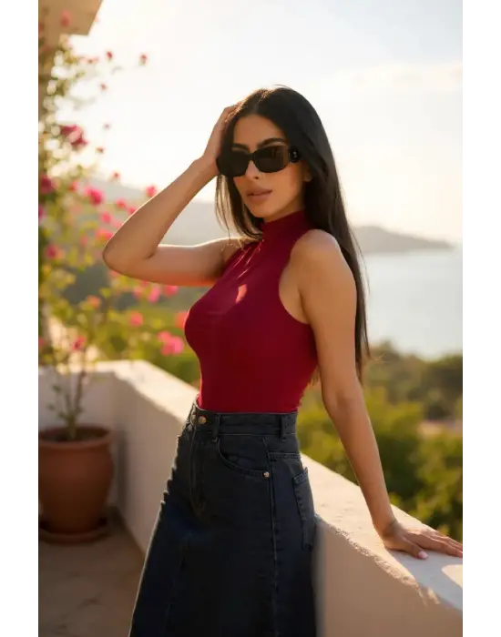 ieg™ Kadın Bordo Kolsuz Balıkçı Yaka Basic Bluz