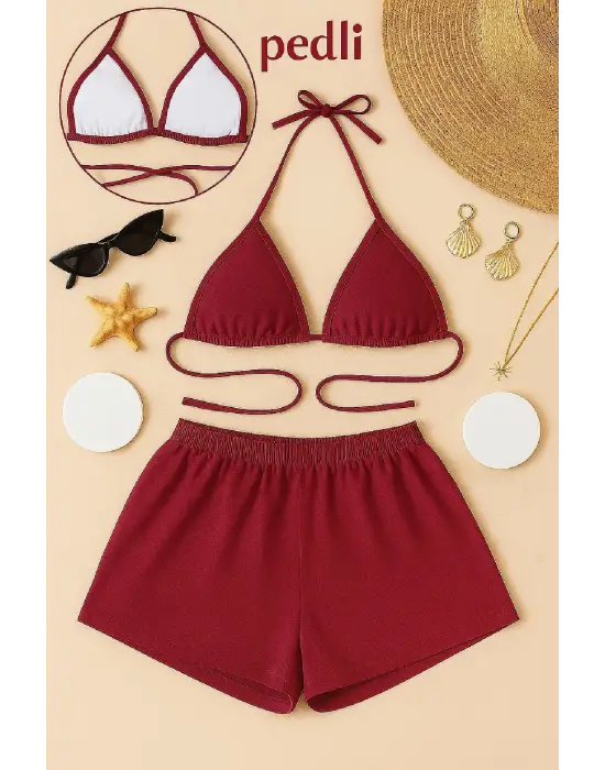 ieg™ Kadın Bordo Şortlu Belden ve Boyundan Bağlamalı Bikini Takımı