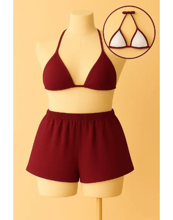 ieg™ Kadın Bordo Şortlu Belden ve Boyundan Bağlamalı Bikini Takımı