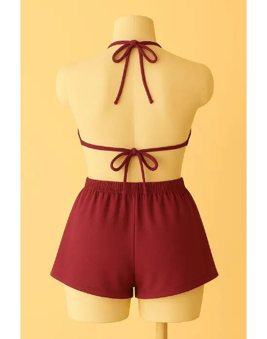 ieg™ Kadın Bordo Şortlu Belden ve Boyundan Bağlamalı Bikini Takımı
