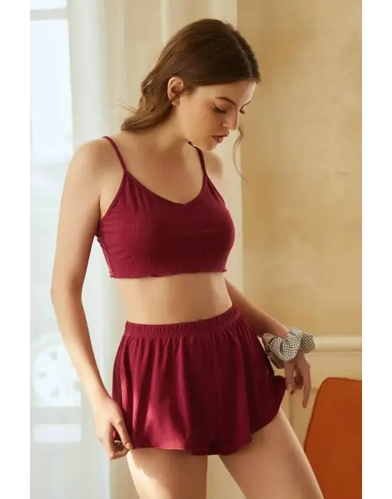 ieg™ Kadın Bordo Şortlu Kaşkorse Gecelik Takım
