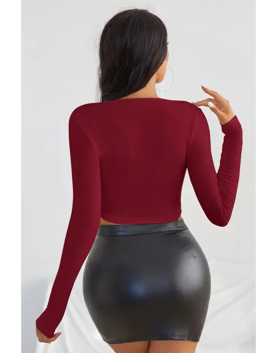 ieg™ Kadın Bordo Uzun Kol Kare Yaka Crop Top Bluz
