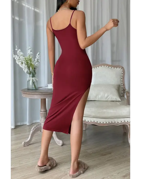 ieg™ Kadın Bordo Yırtmaçlı Diz Altı Vücüdu Saran Gecelik