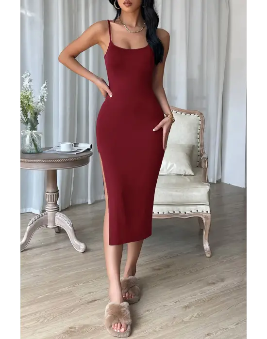 ieg™ Kadın Bordo Yırtmaçlı Diz Altı Vücüdu Saran Gecelik