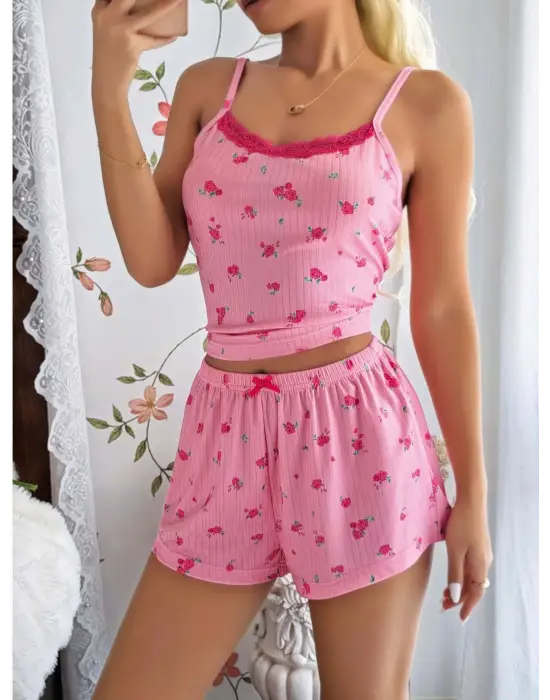 ieg™ Kadın Çiçekli Dantelli Şortlu Pijama Takım 5177