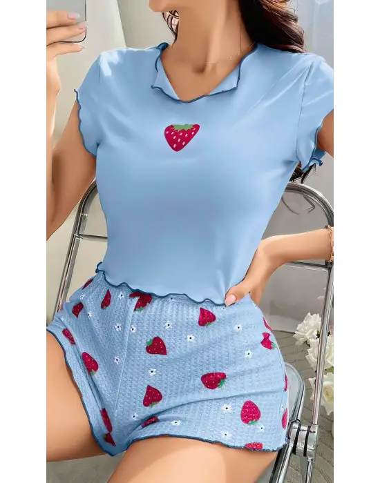 ieg™ Kadın Çilek Desenli Bebe Mavi Seksi Gecelik Takım 5005