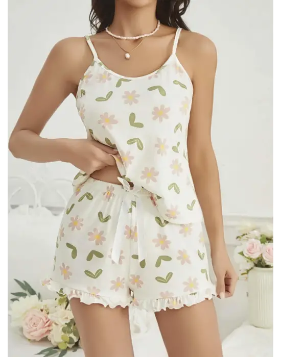 ieg™ Kadın Ekru Çiçek Baskılı Şortlu Gecelik Pijama Takımı 5047