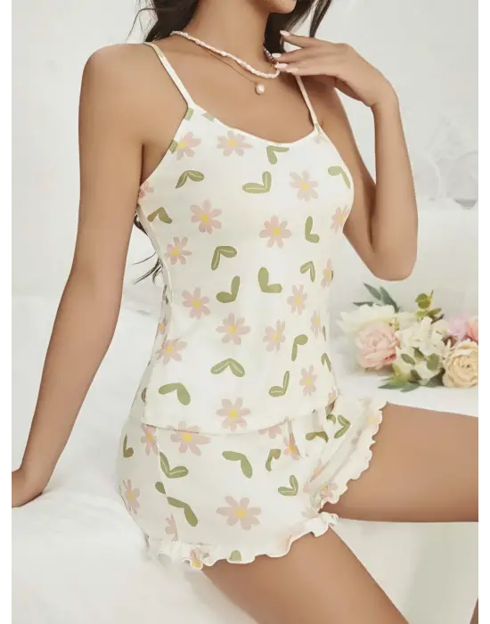 ieg™ Kadın Ekru Çiçek Baskılı Şortlu Gecelik Pijama Takımı 5047