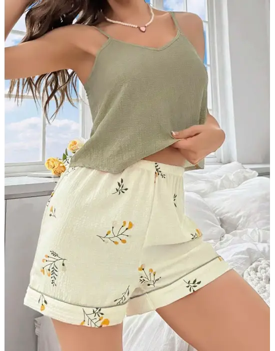 ieg™ Kadın Ekru Çiçek Baskılı Şortlu Gecelik Pijama Takımı 5099