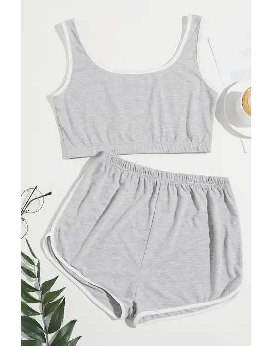 ieg™ Kadın Gri Askılı Crop Top ve Şortlu Gecelik Takım