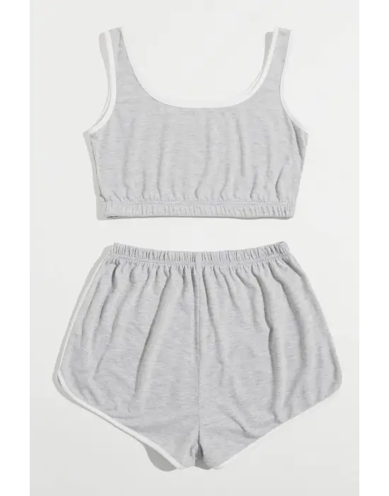 ieg™ Kadın Gri Askılı Crop Top ve Şortlu Gecelik Takım