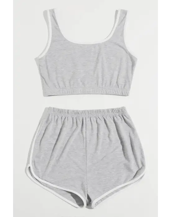 ieg™ Kadın Gri Askılı Crop Top ve Şortlu Gecelik Takım