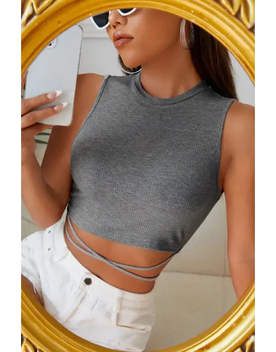 ieg™ Kadın Gri Çapraz Bağlamalı Crop Top Büstiyer