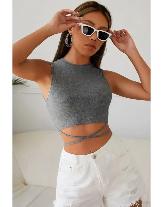 ieg™ Kadın Gri Çapraz Bağlamalı Crop Top Büstiyer