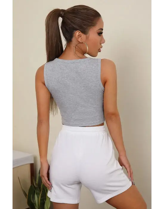 ieg™ Kadın Gri Kare Yaka Crop Top Bluz