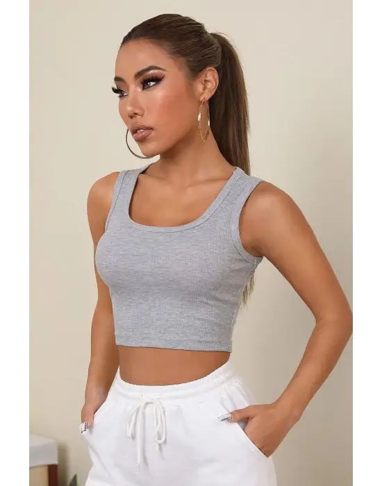 ieg™ Kadın Gri Kare Yaka Crop Top Bluz