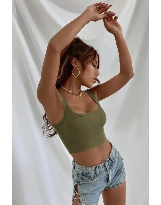 ieg™ Kadın Haki Yeşili Kalın Askılı Crop Top Büstiyer