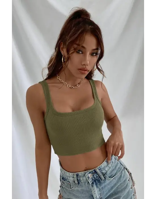 ieg™ Kadın Haki Yeşili Kalın Askılı Crop Top Büstiyer