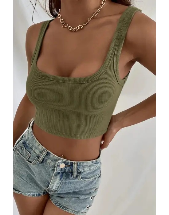 ieg™ Kadın Haki Yeşili Kalın Askılı Crop Top Büstiyer