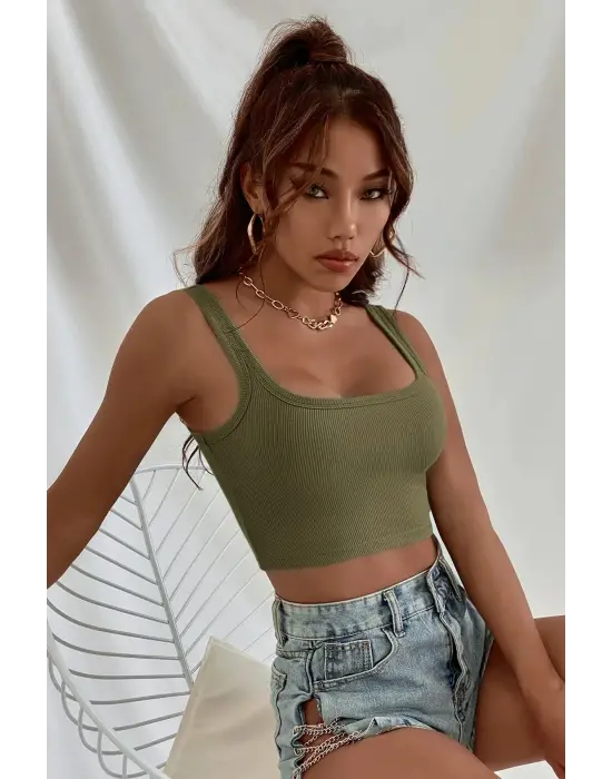 ieg™ Kadın Haki Yeşili Kalın Askılı Crop Top Büstiyer
