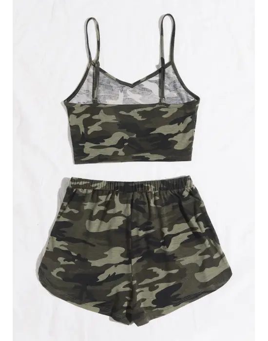 ieg™ Kadın Kamuflaj Desenli Askılı Crop Top ve Şortlu Gecelik Takım