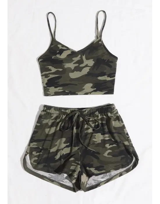ieg™ Kadın Kamuflaj Desenli Askılı Crop Top ve Şortlu Gecelik Takım