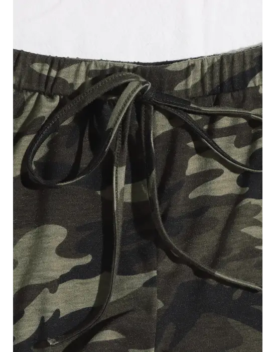 ieg™ Kadın Kamuflaj Desenli Askılı Crop Top ve Şortlu Gecelik Takım
