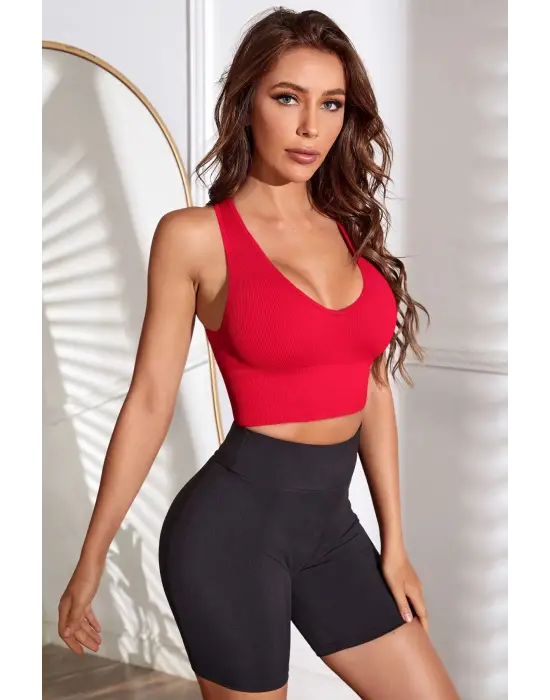 ieg™ Kadın Kırmızı Derin Göğüs Dekolteli Şık Crop Top Bluz