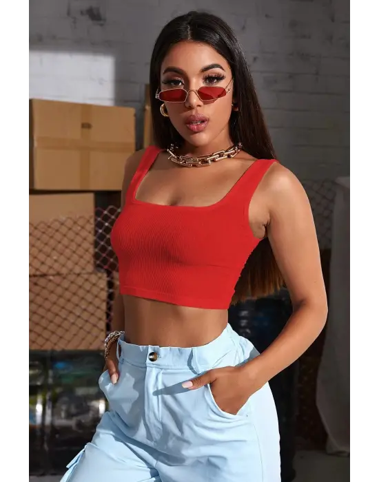 ieg™ Kadın Kırmızı Kalın Askılı Crop Top Büstiyer