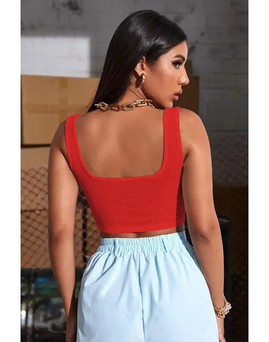 ieg™ Kadın Kırmızı Kalın Askılı Crop Top Büstiyer