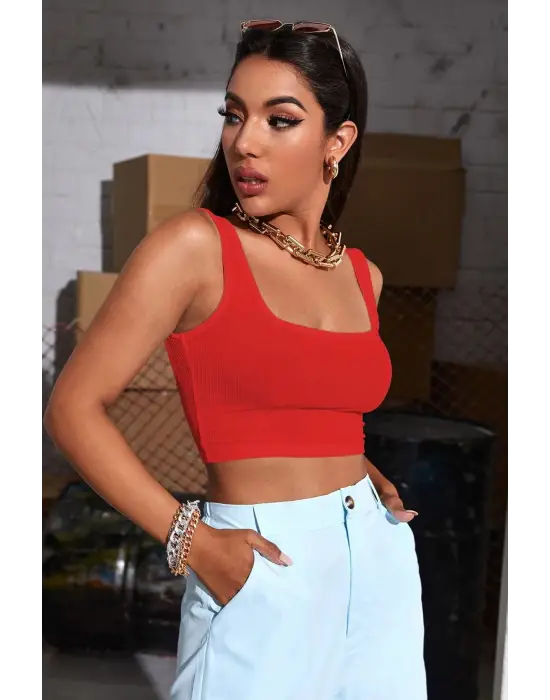 ieg™ Kadın Kırmızı Kalın Askılı Crop Top Büstiyer