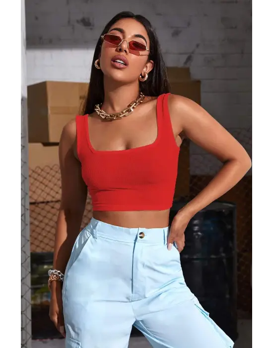 ieg™ Kadın Kırmızı Kalın Askılı Crop Top Büstiyer
