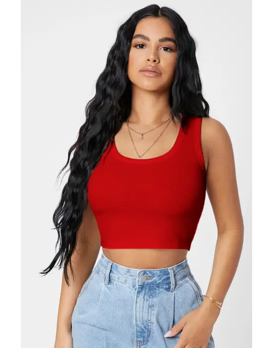 ieg™ Kadın Kırmızı Kare Yaka Crop Top Bluz