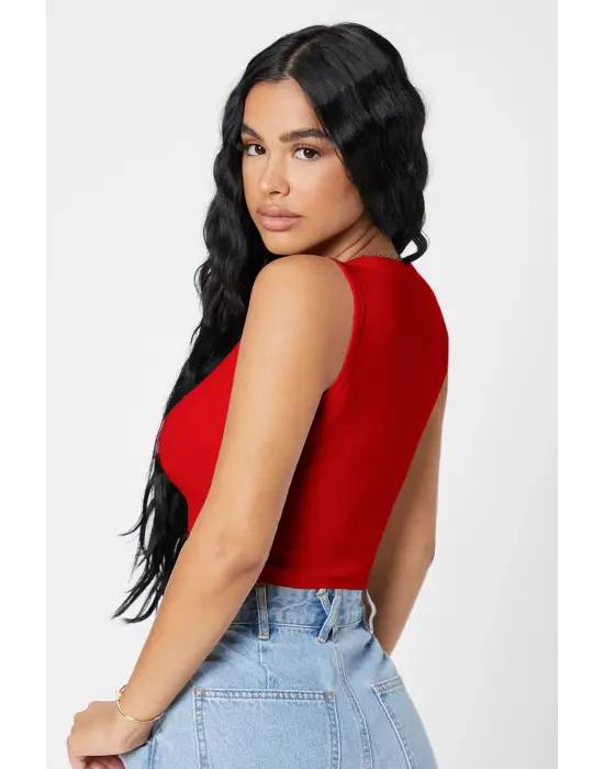ieg™ Kadın Kırmızı Kare Yaka Crop Top Bluz