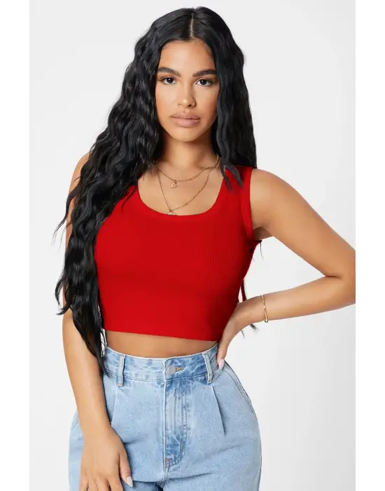 ieg™ Kadın Kırmızı Kare Yaka Crop Top Bluz