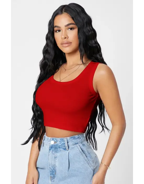 ieg™ Kadın Kırmızı Kare Yaka Crop Top Bluz