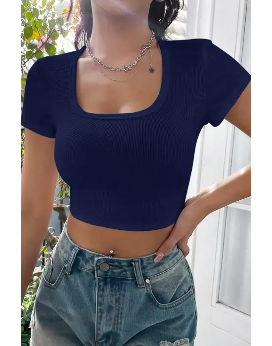 ieg™ Kadın Lacivert Yarım Kol Düz Yaka Crop Top Bluz