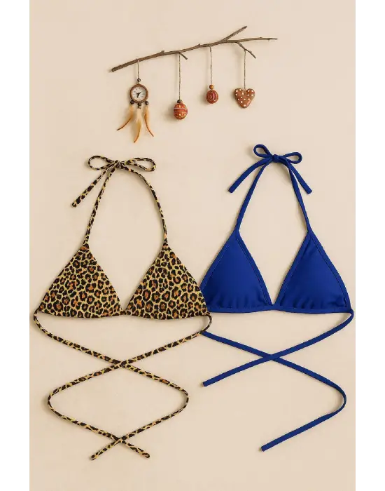 ieg™ Kadın Leopar Desenli ve Mavi Minimal Kesim Üçgen Bikini Üstü