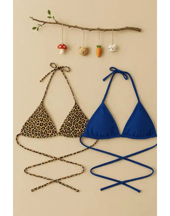 ieg™ Kadın Leopar Desenli ve Mavi Minimal Kesim Üçgen Bikini Üstü