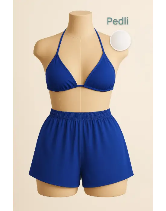 ieg™ Kadın Mavi Şortlu Belden ve Boyundan Bağlamalı Bikini Takımı