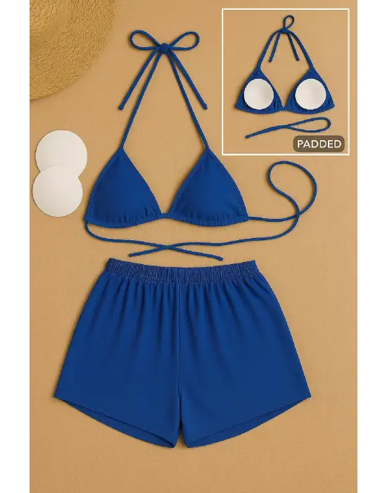 ieg™ Kadın Mavi Şortlu Belden ve Boyundan Bağlamalı Bikini Takımı