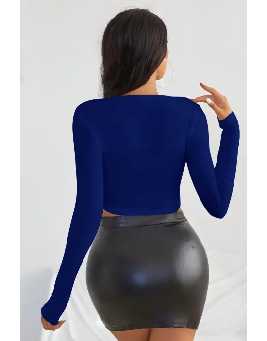ieg™ Kadın Mavi Uzun Kol Kare Yaka Crop Top Bluz